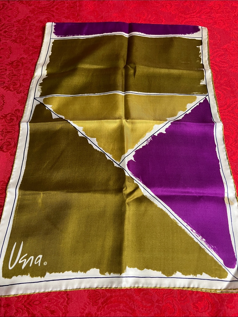 Vera Vintage Geometric Oblong Scarf Olive Green Purple 15x44 Signed